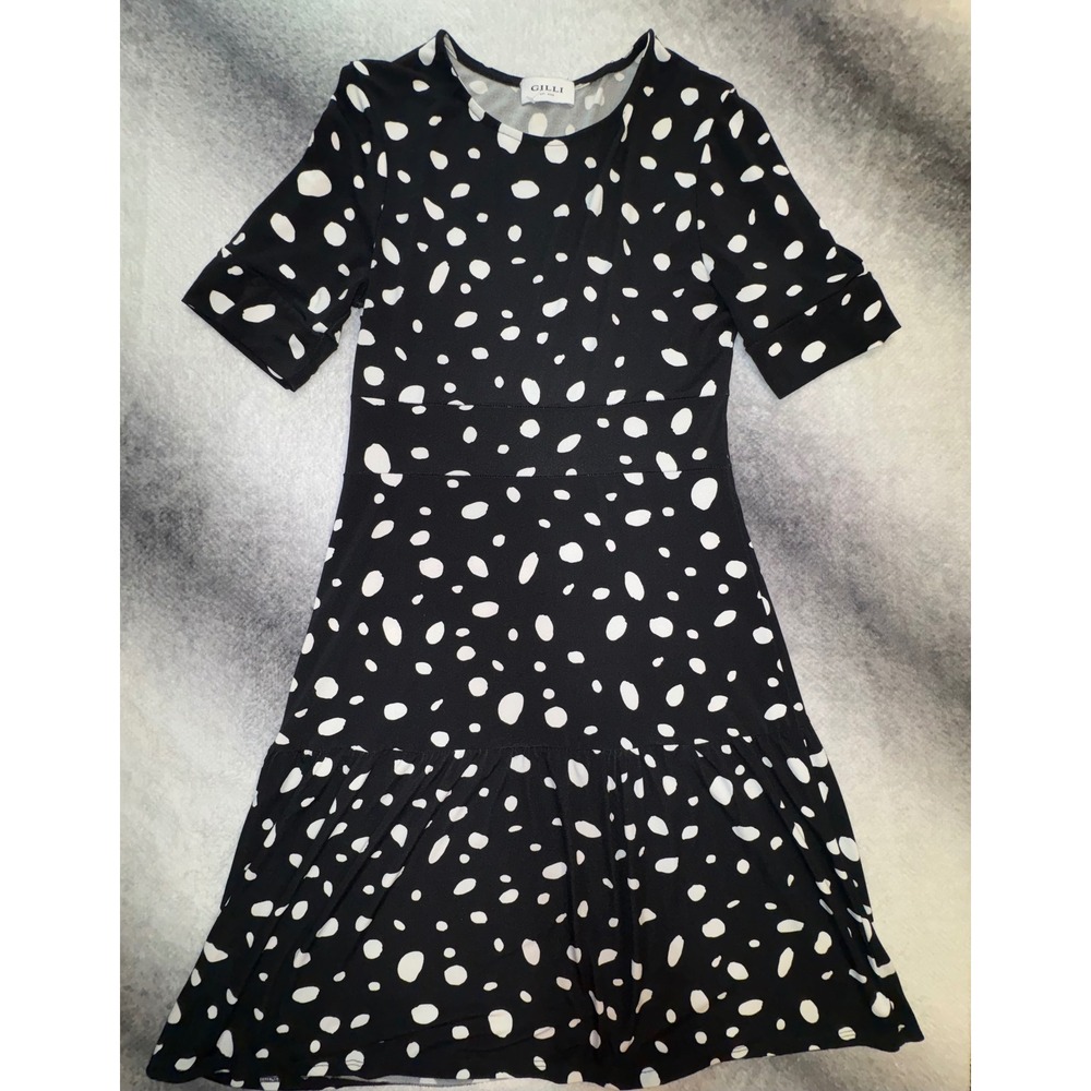 (B3) Gilli Womens Black White Polka Dot Ruffle Hem Dress GD7741-1 Large
